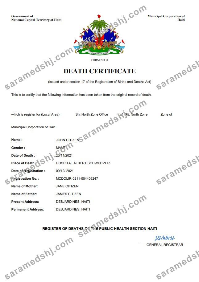 Haiti death certificate Word and PDF template